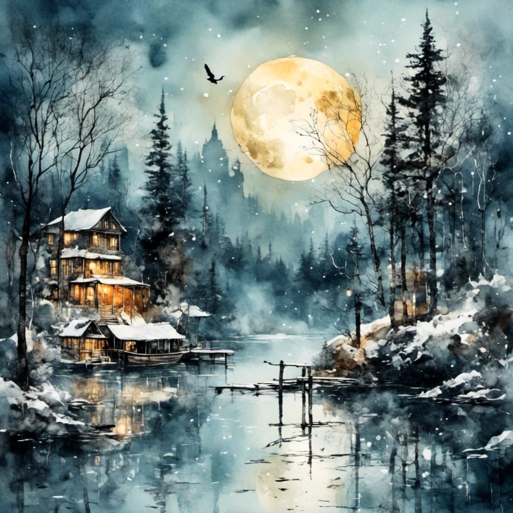 Moonlit Skull Over Lake: Watercolor and Ink Art