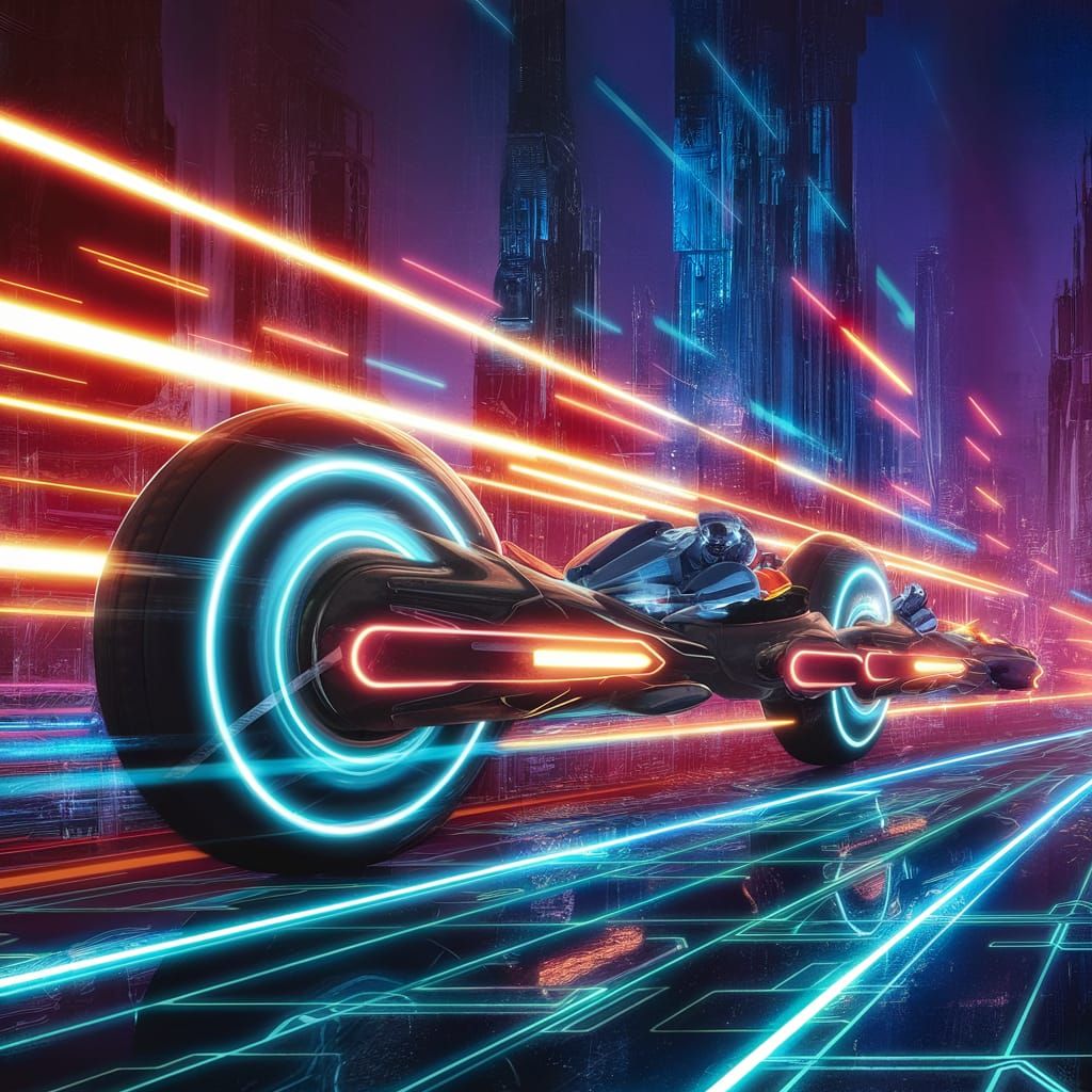 Tron Light Cycles Race Through Neon Cityscape