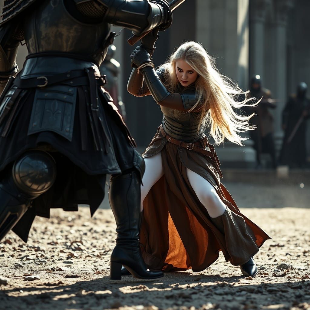 Fierce Blonde Warrior Engages Dark Knight in Intense Combat