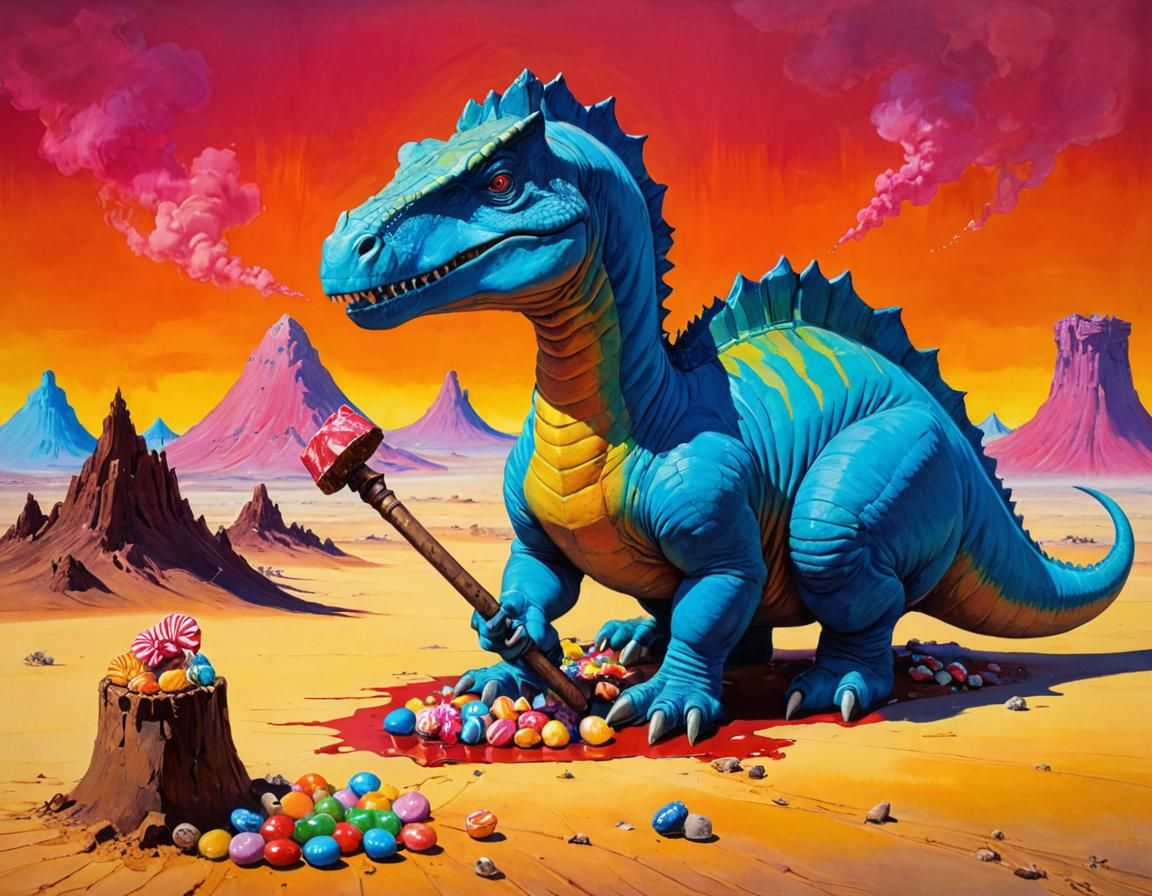 Dinosaur Eats Candy in Apocalyptic Desert