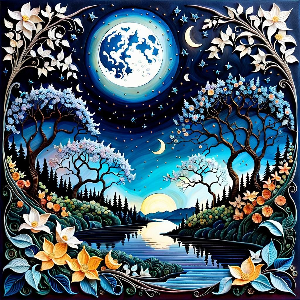 Fantasy Landscape with Three Moons in Double Exposure