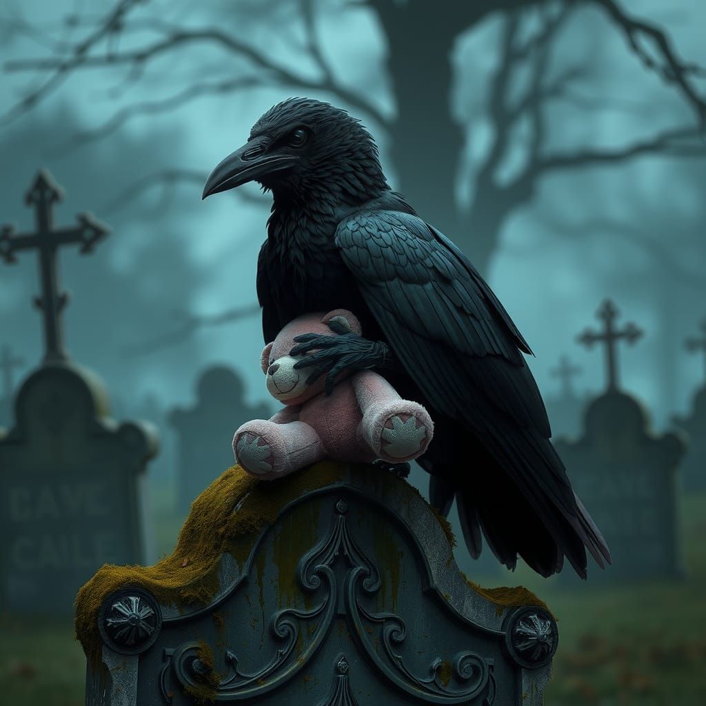 Crow and Teddy Bear in Graveyard, Digital Art