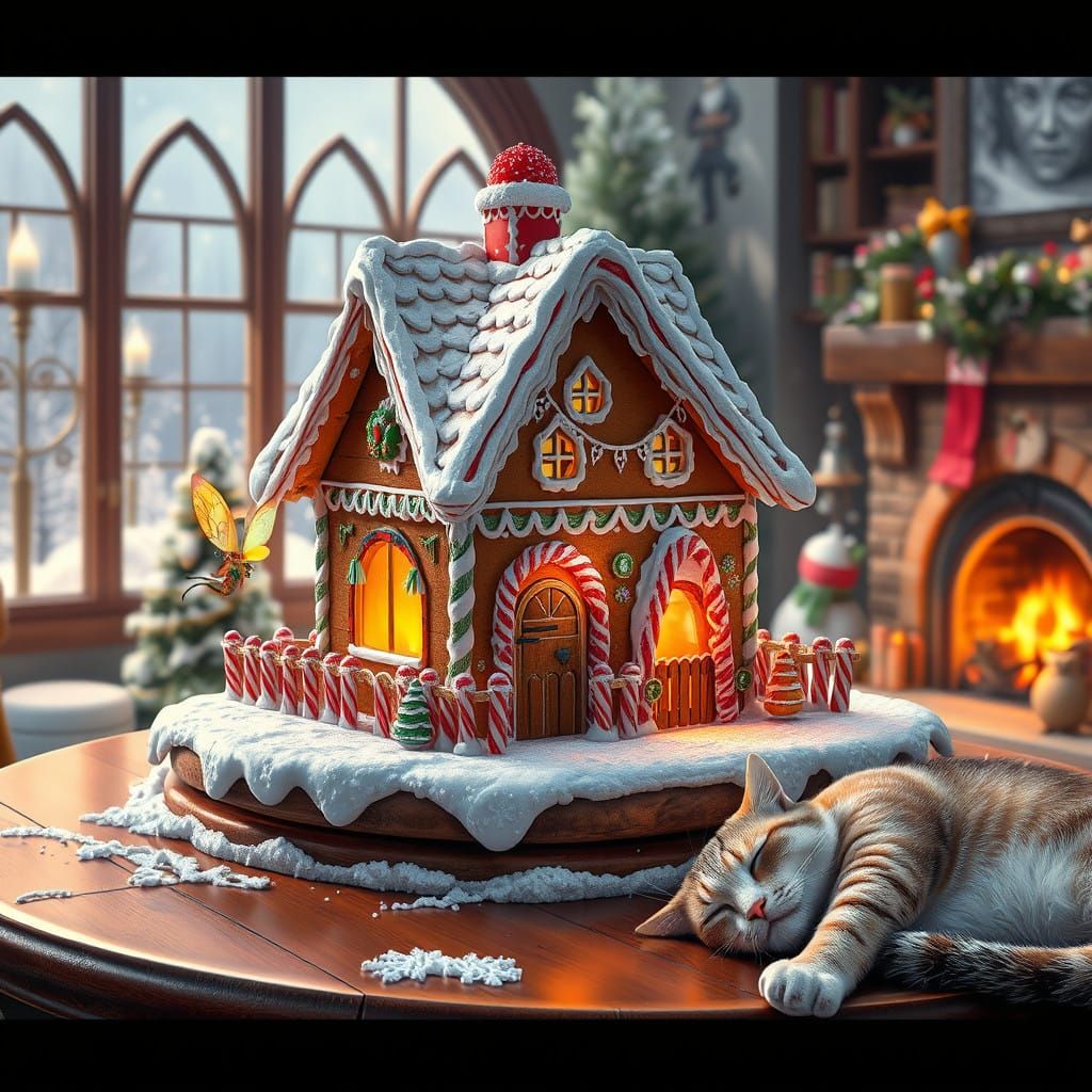 Whimsical Gingerbread House Scene in Vibrant Winter Wonderla...