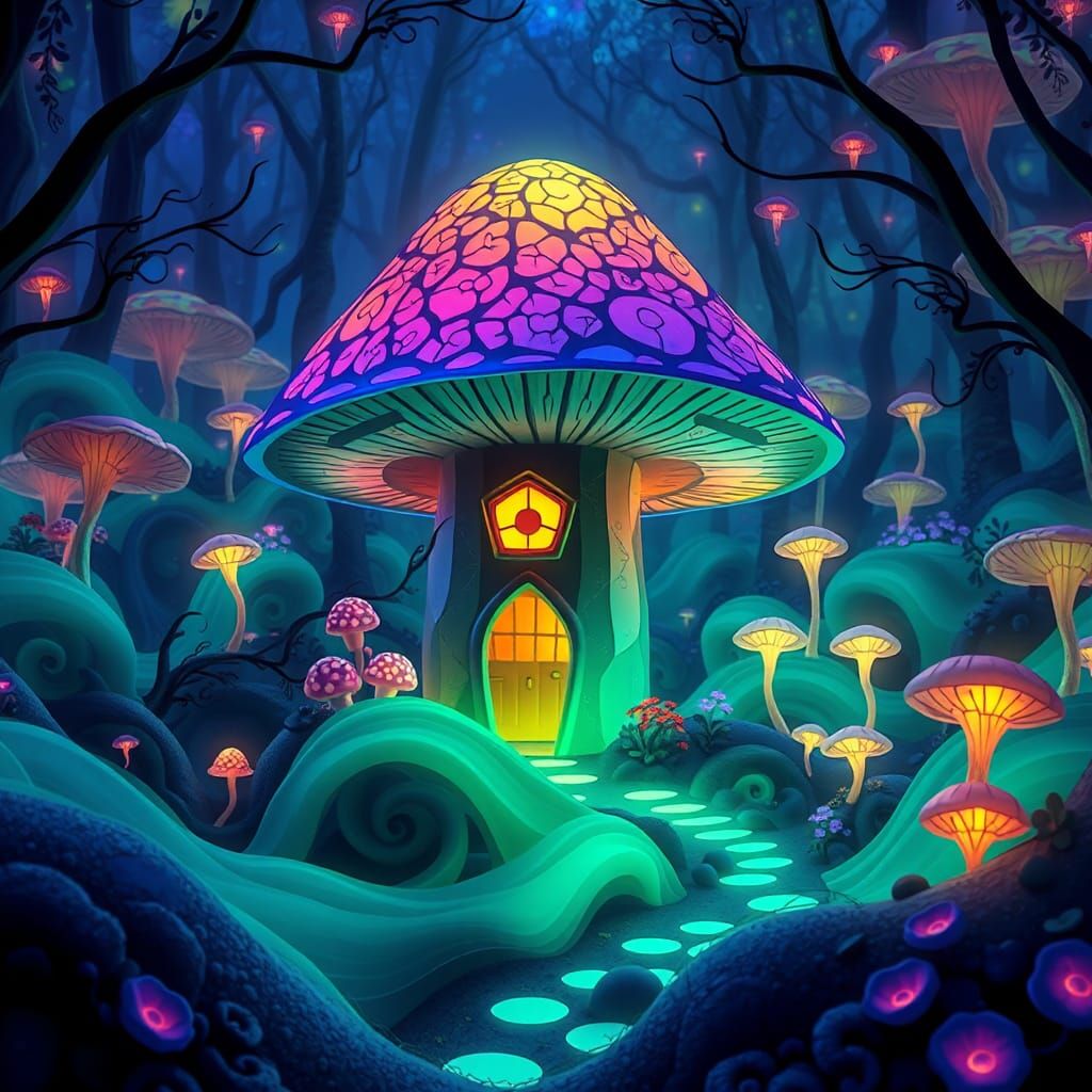 A fairy mushroom house in an enchanted bioluminescent forest...