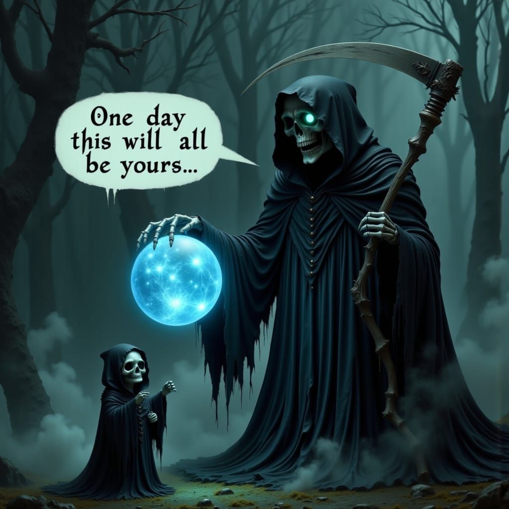 Grim Reaper and Child with Glowing Globe