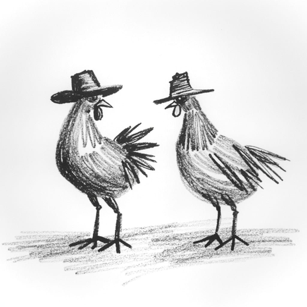Naive Folk Art Rooster and Hen in Cowboy Hats