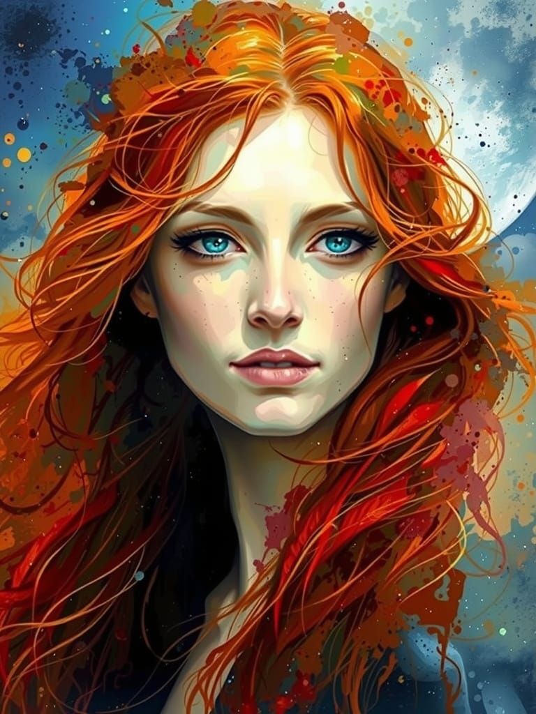 Beautiful lady with flowing red hair, a Mona Lisa smile, vivid blue eyes, moonlit sky background, 2/3 face angle, Happy ...