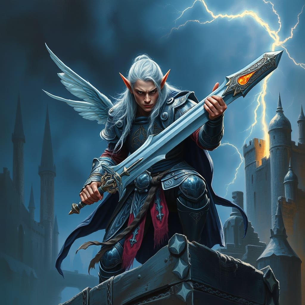 Elven Warrior on Castle Wall in Hyperrealistic Style