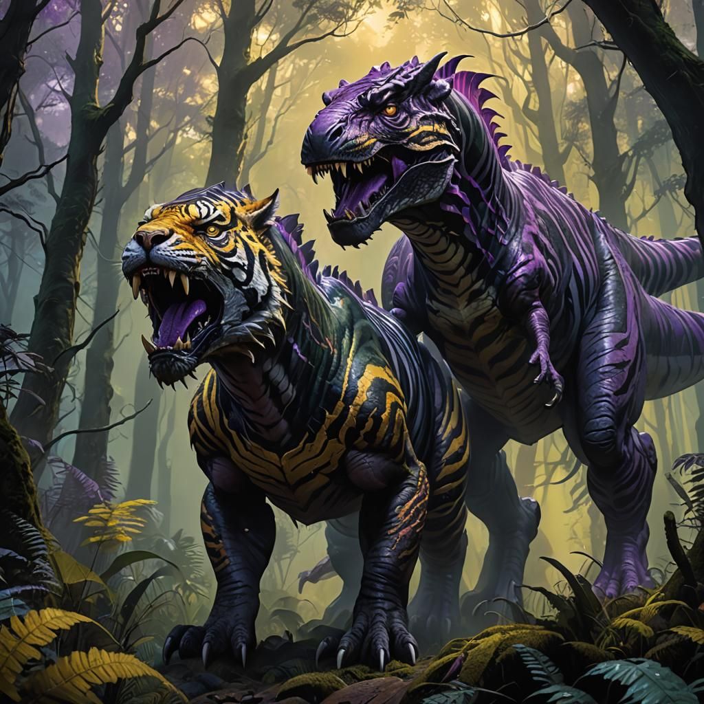 Tiger-Rex Hybrid in Dark Fantasy Style