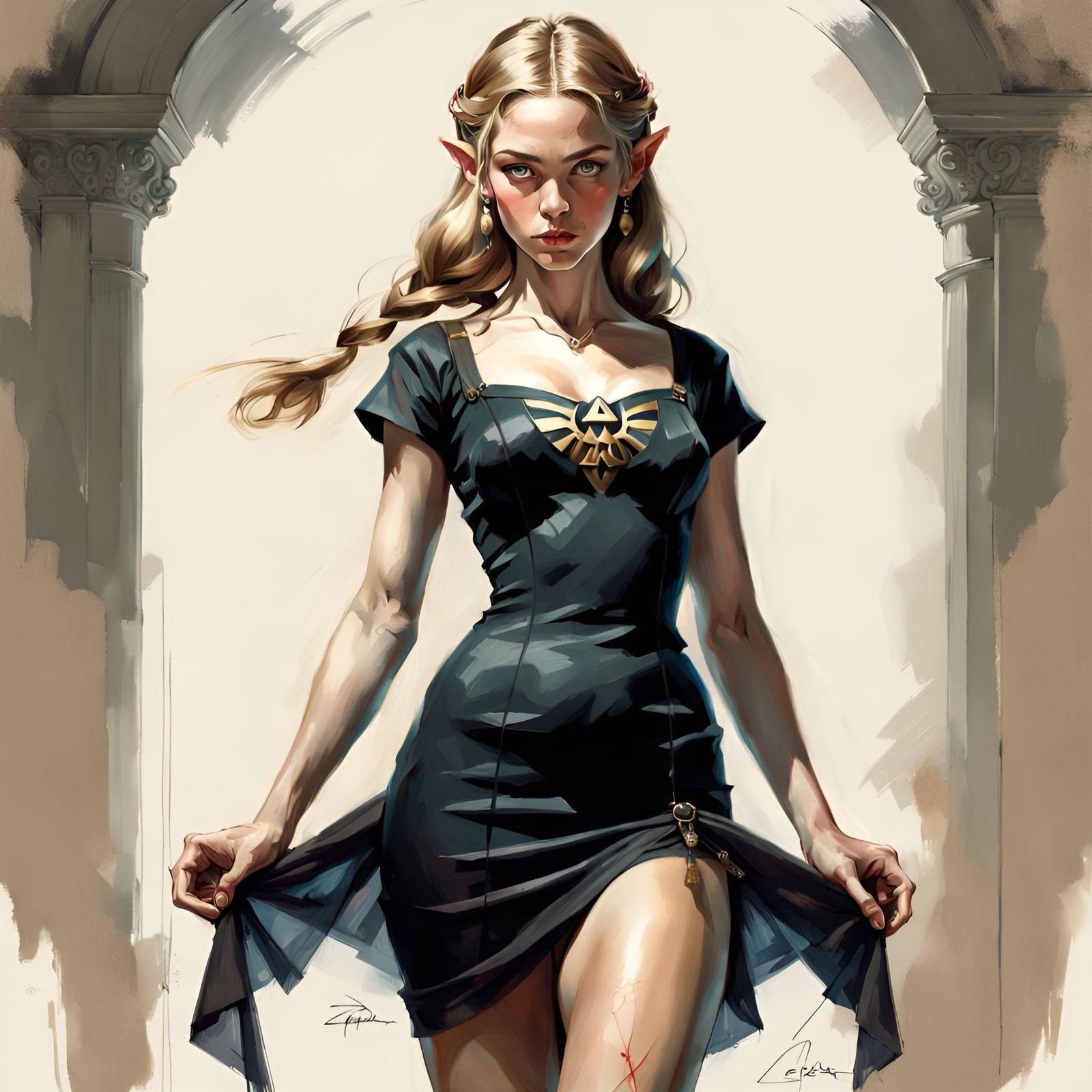 Zelda in Black Dress, Hyperrealistic Pin-Up Portrait