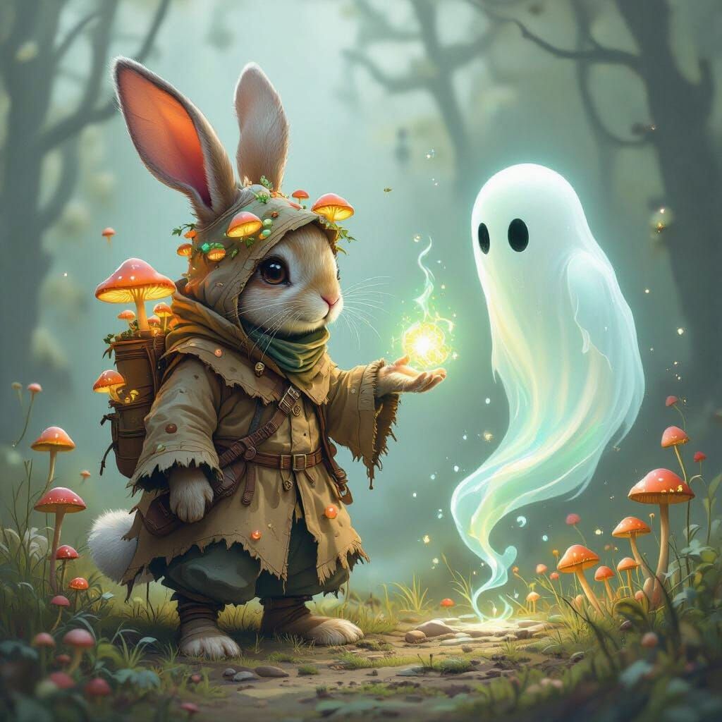 Mystical Rabbit Casting Spell on Ghost, Dreamlike Art