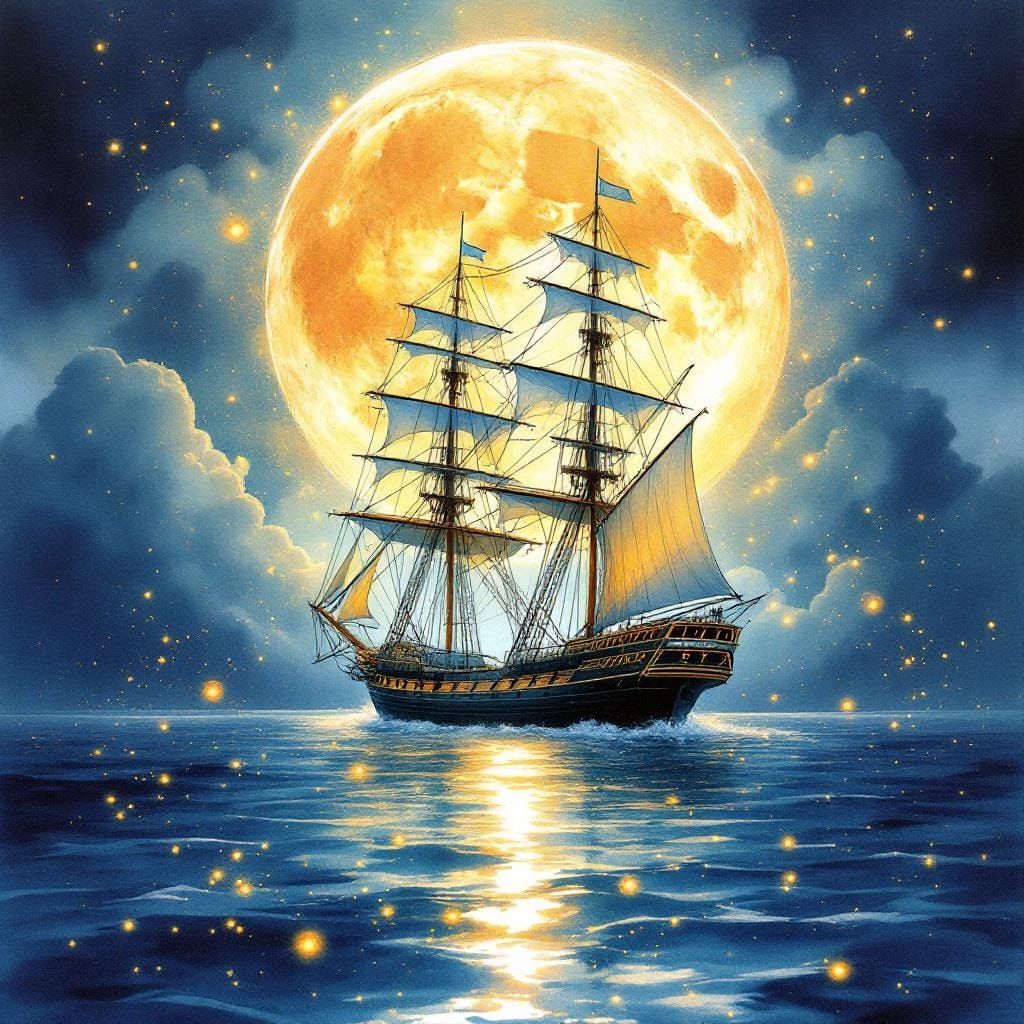Watercolor Sailing Ship Under a Luminous Moon