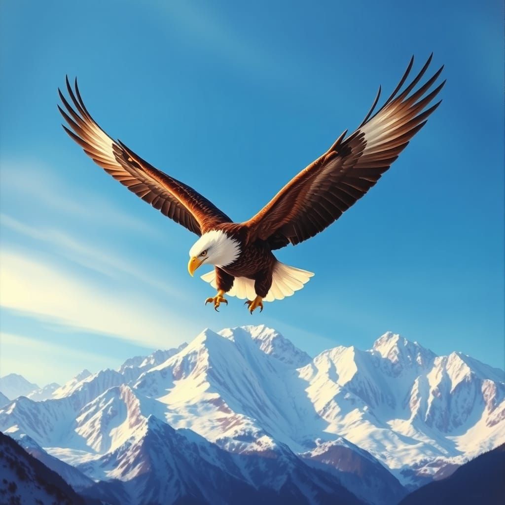 Bald Eagle Soaring Above Mountain Range in Oil Painting Styl...