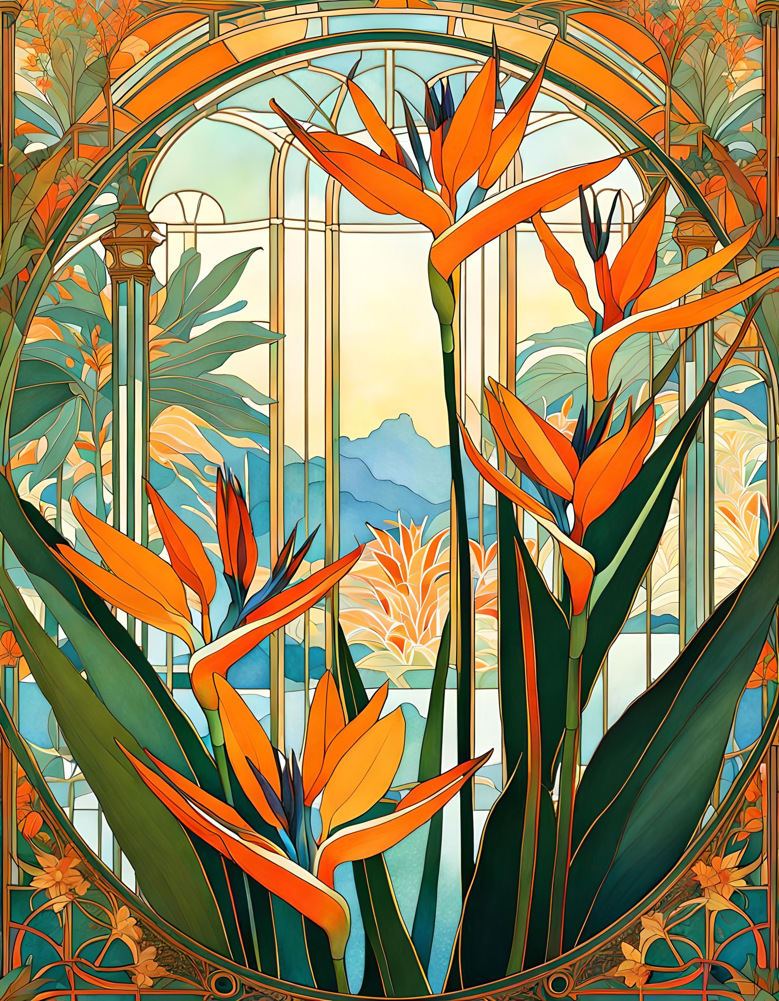 Strelitzia Flowers in Orangerie, Art Nouveau Illustration