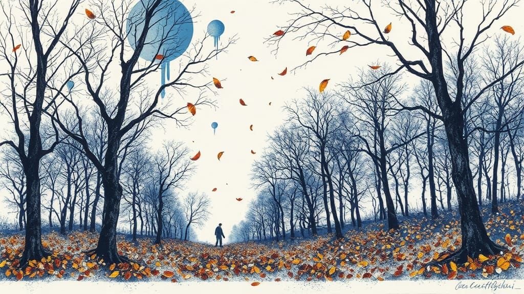 Autumn Leaves Fall: Blue Ink Drawing