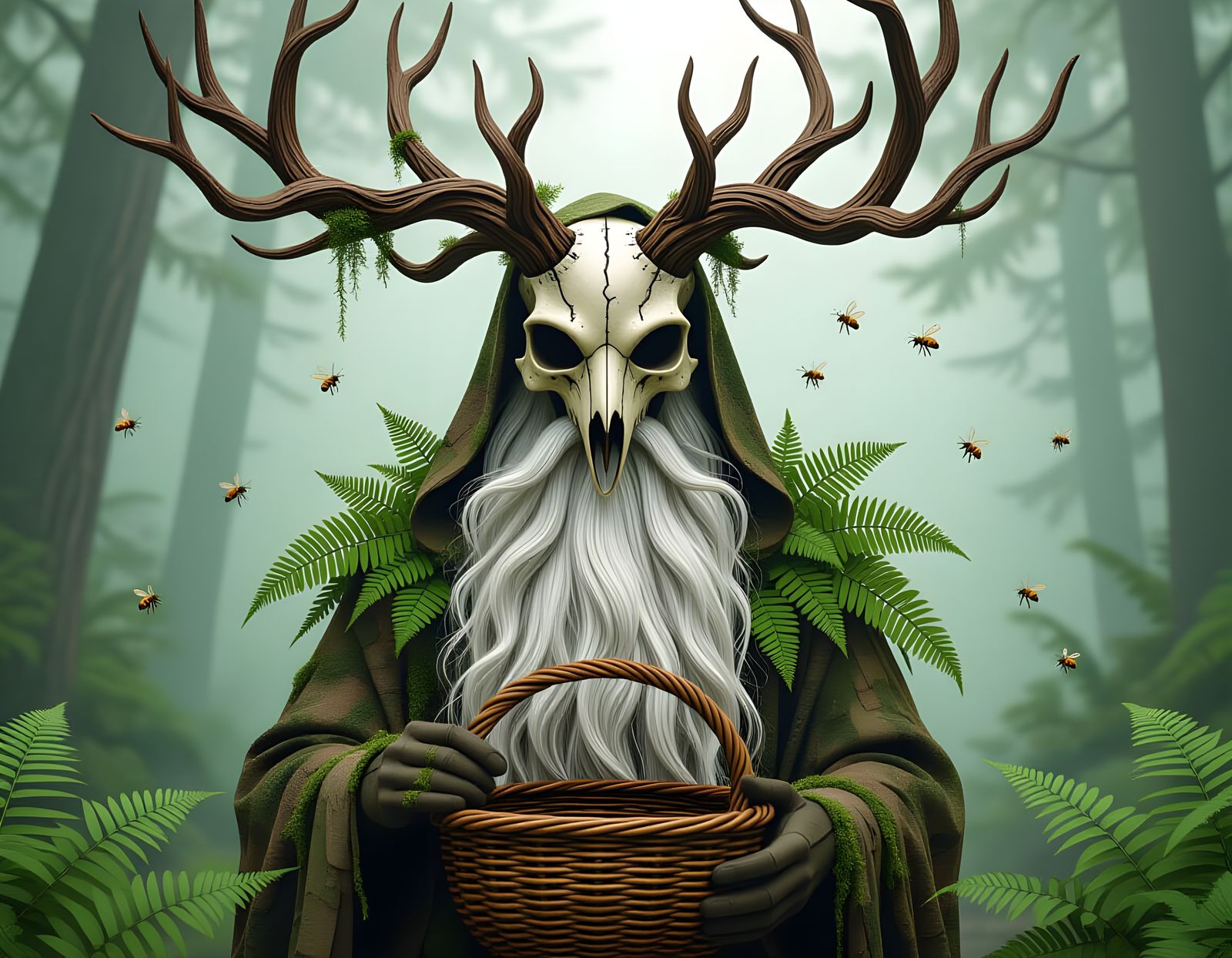 Ancient Forest Spirit with Bird Skull Mask and Branch Antler...