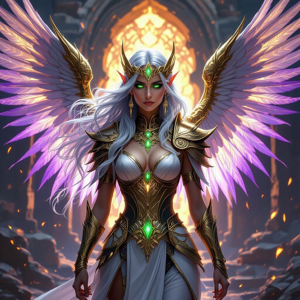 Winged Elven Sorceress in Ancient Ruins