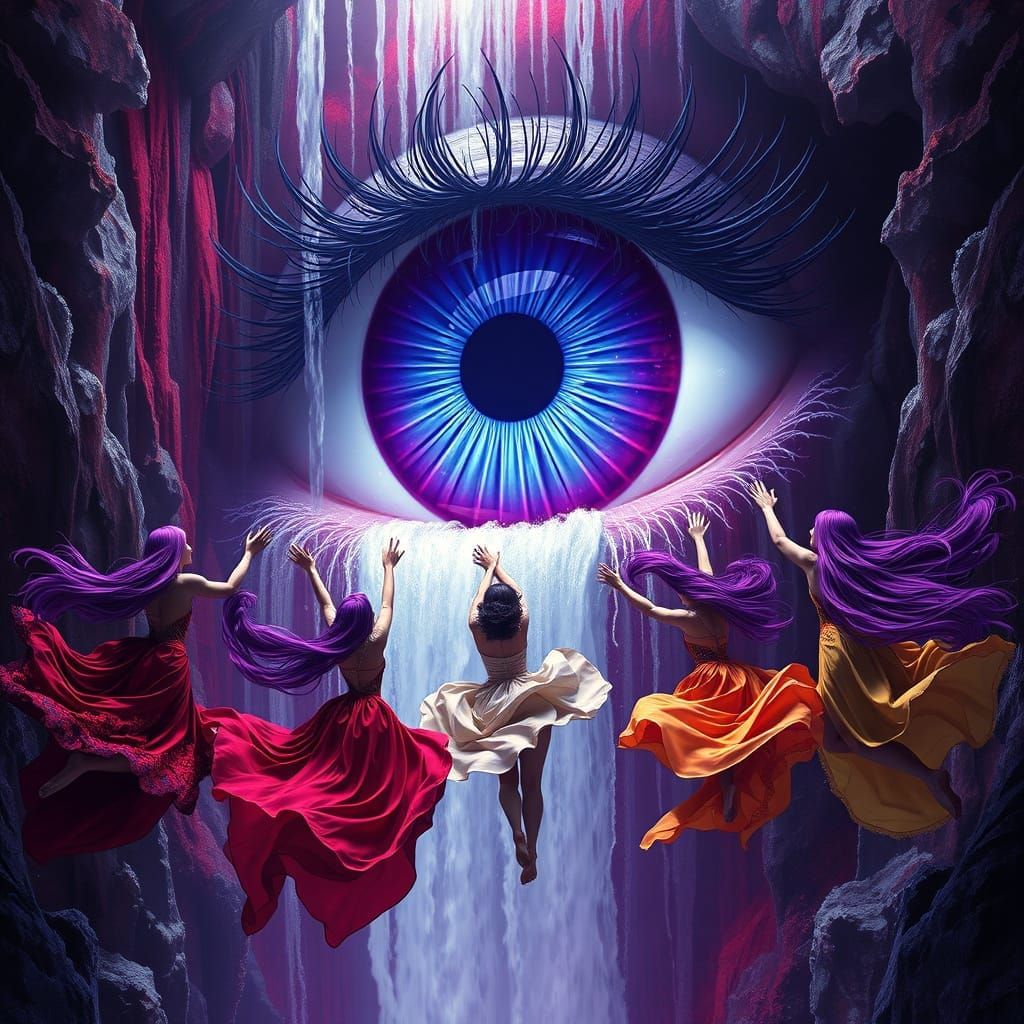 Surreal Waterfall of Women from a Giant Eye
