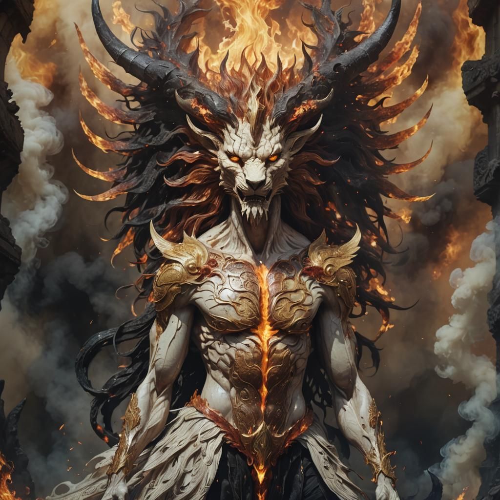 Winged Fire Demon Portrait in Surrealist Style