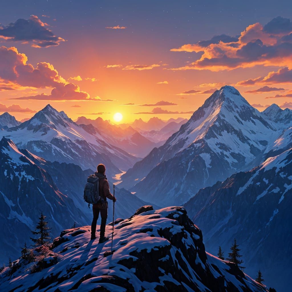 Lone Hiker Overlooking Swiss Alps in Moebius Comic Style