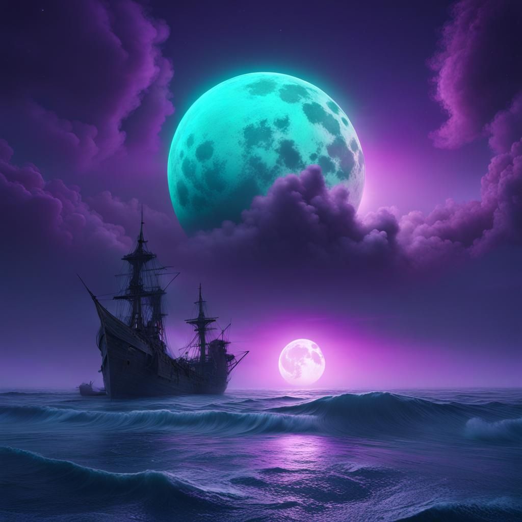 Mystical Ocean at Night with Teal Moon