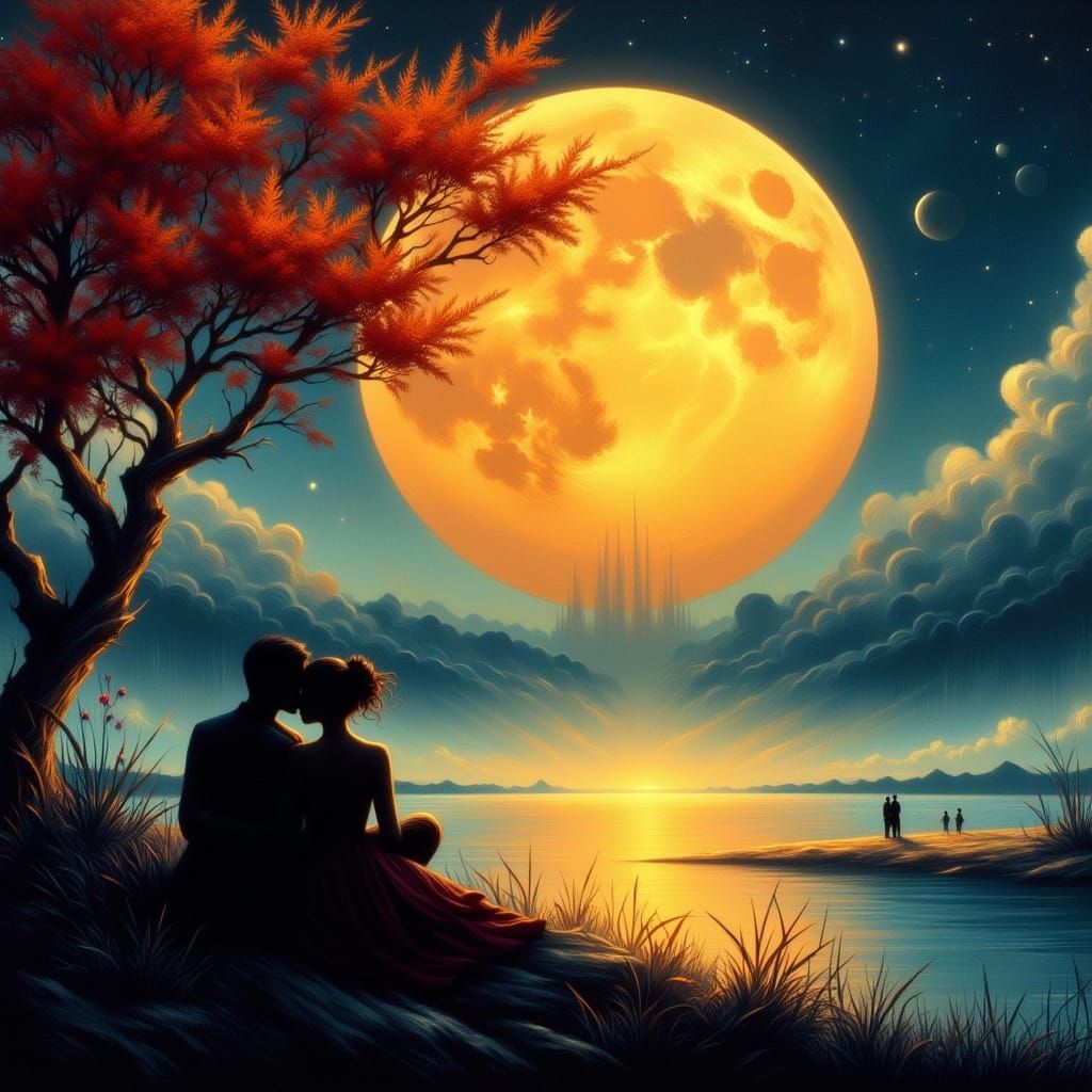 Romantic Couple Silhouetted Under a Giant Moon