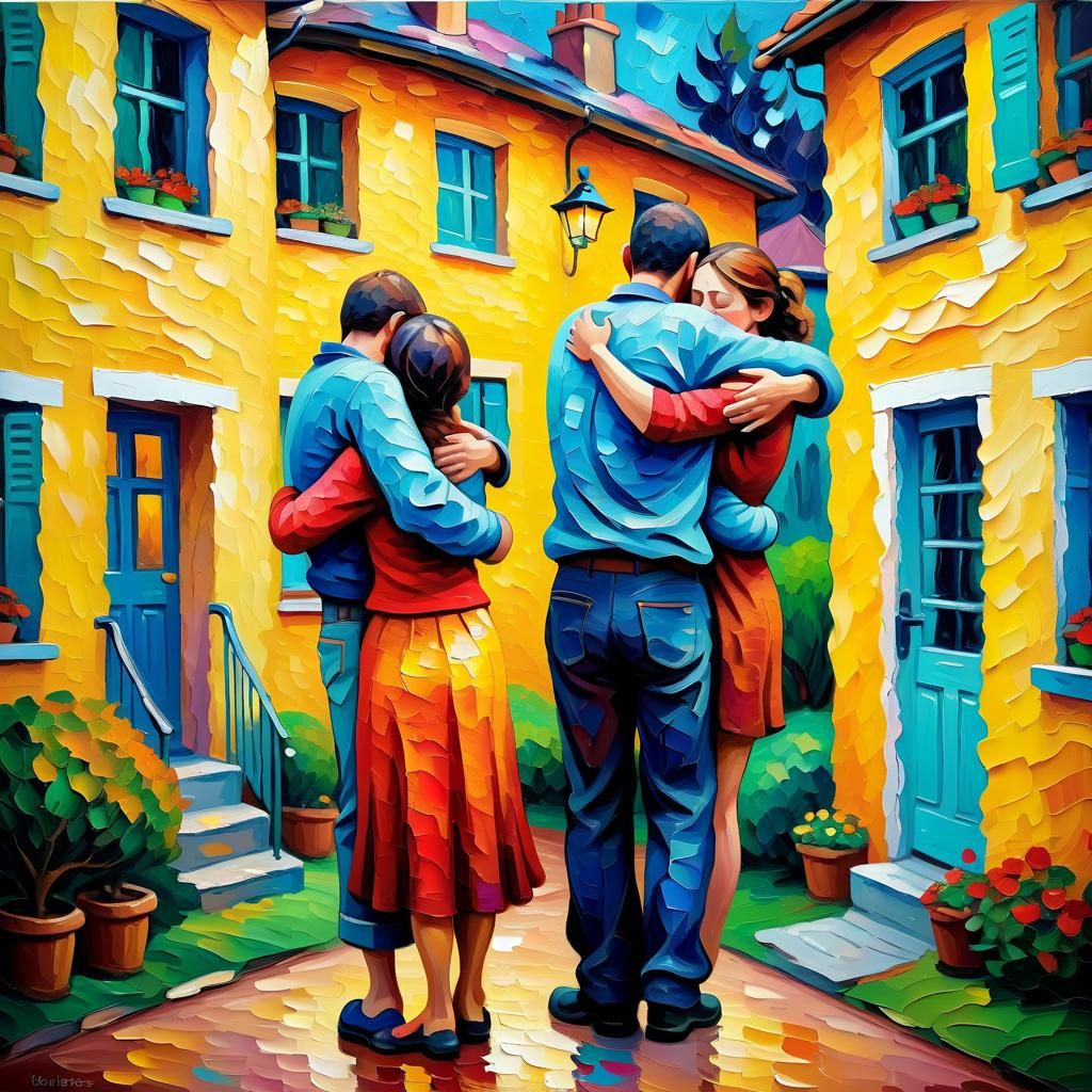 Cozy Family Home: Neo-Impressionist Expressionist Oil Painti...