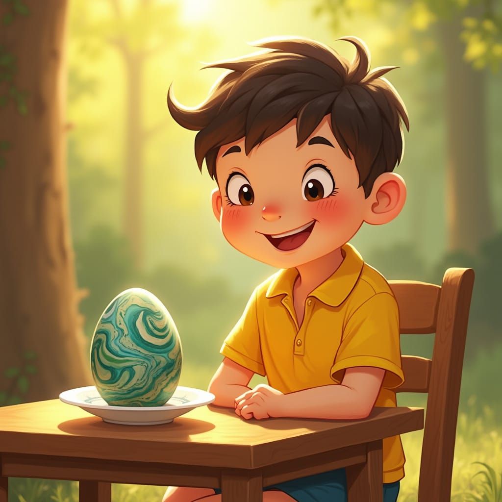 Joyful Cartoon Boy Marvels at a Delicate Egg in a Classic Ch...