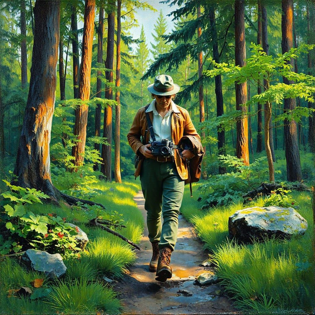 Explorer Discovers Forest in Neo-Impressionistic Style