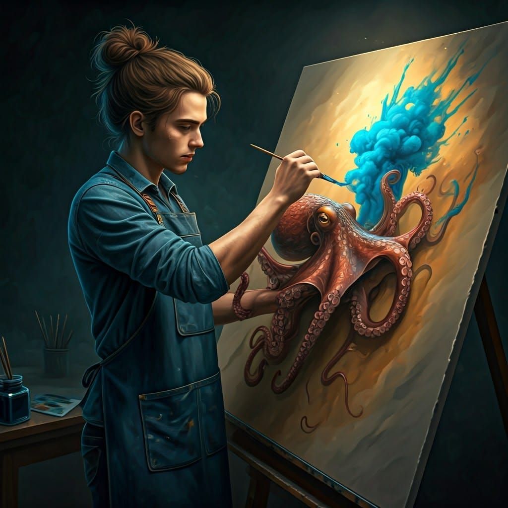 Artist and Octopus Create Ink Art, Hyperrealistic
