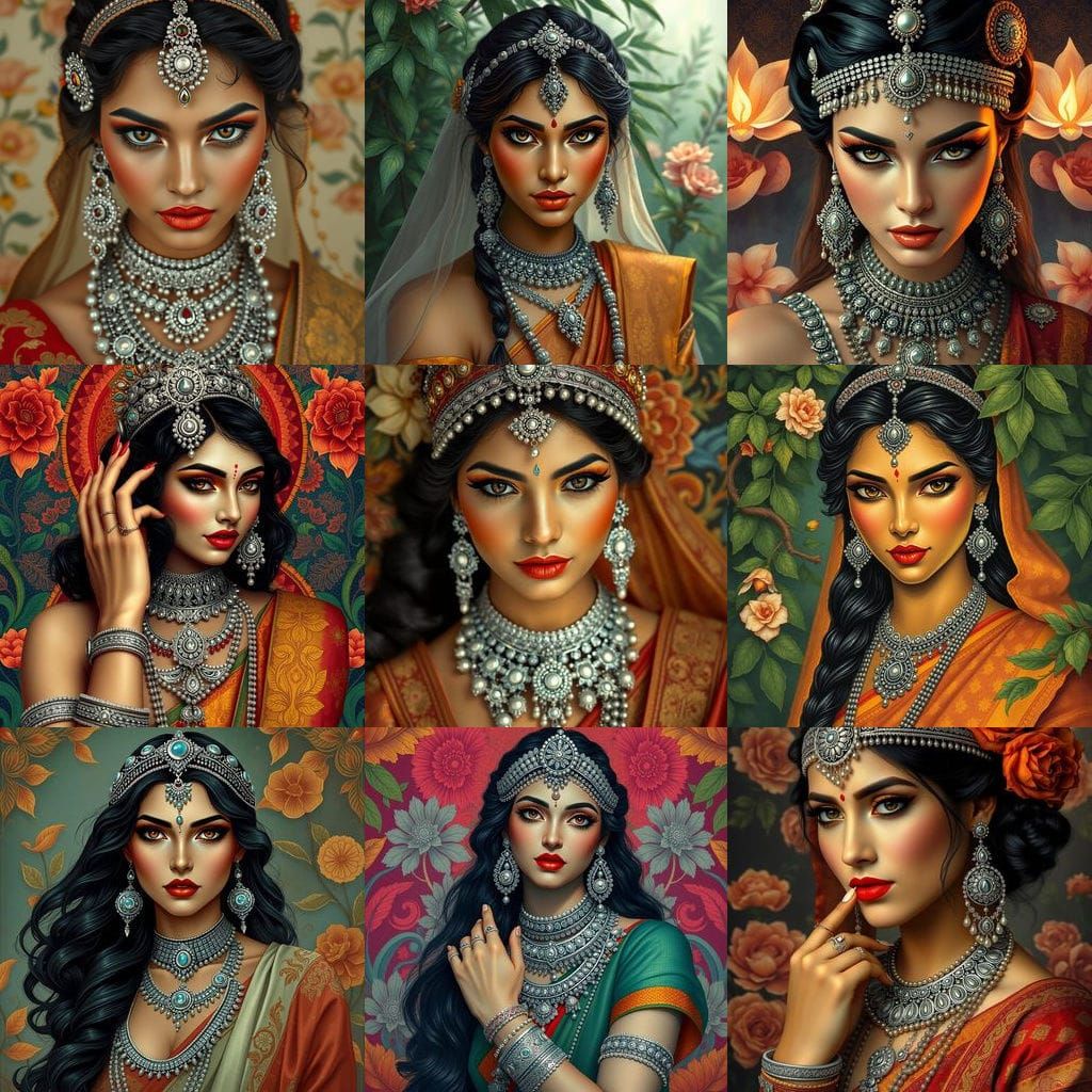 Exotic Indian Goddess with Silver Jewelry