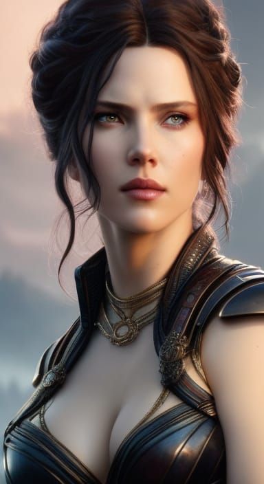 Yennefer in Iron Armor, Hyperrealistic Digital Illustration