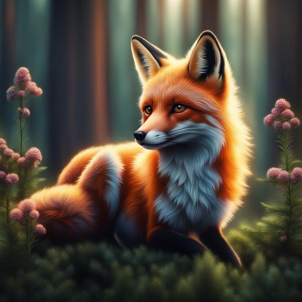 Fox in Evergreen Forest: Hyperrealistic Airbrush Art
