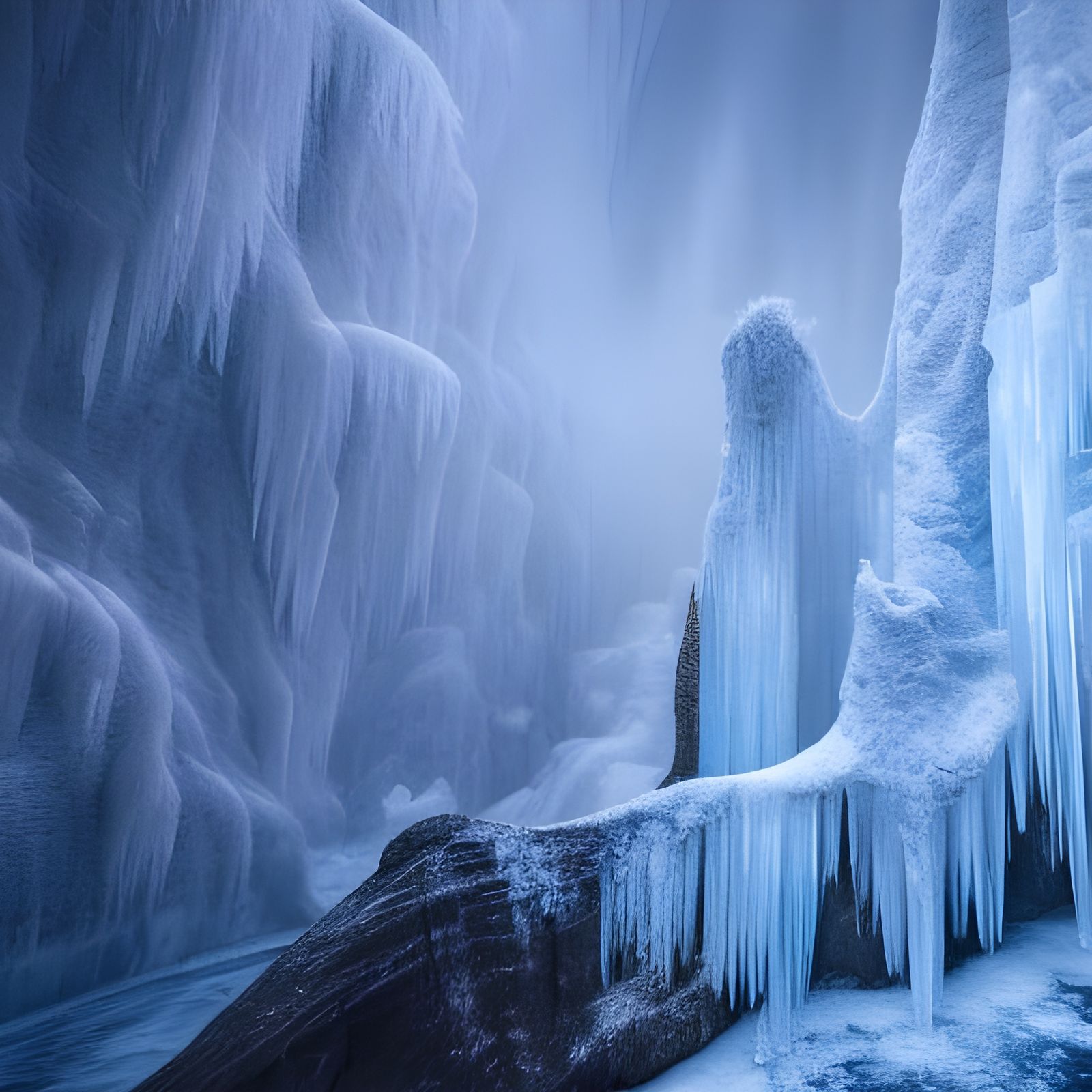 Frozen Waterfall in Blizzard: Surreal Art