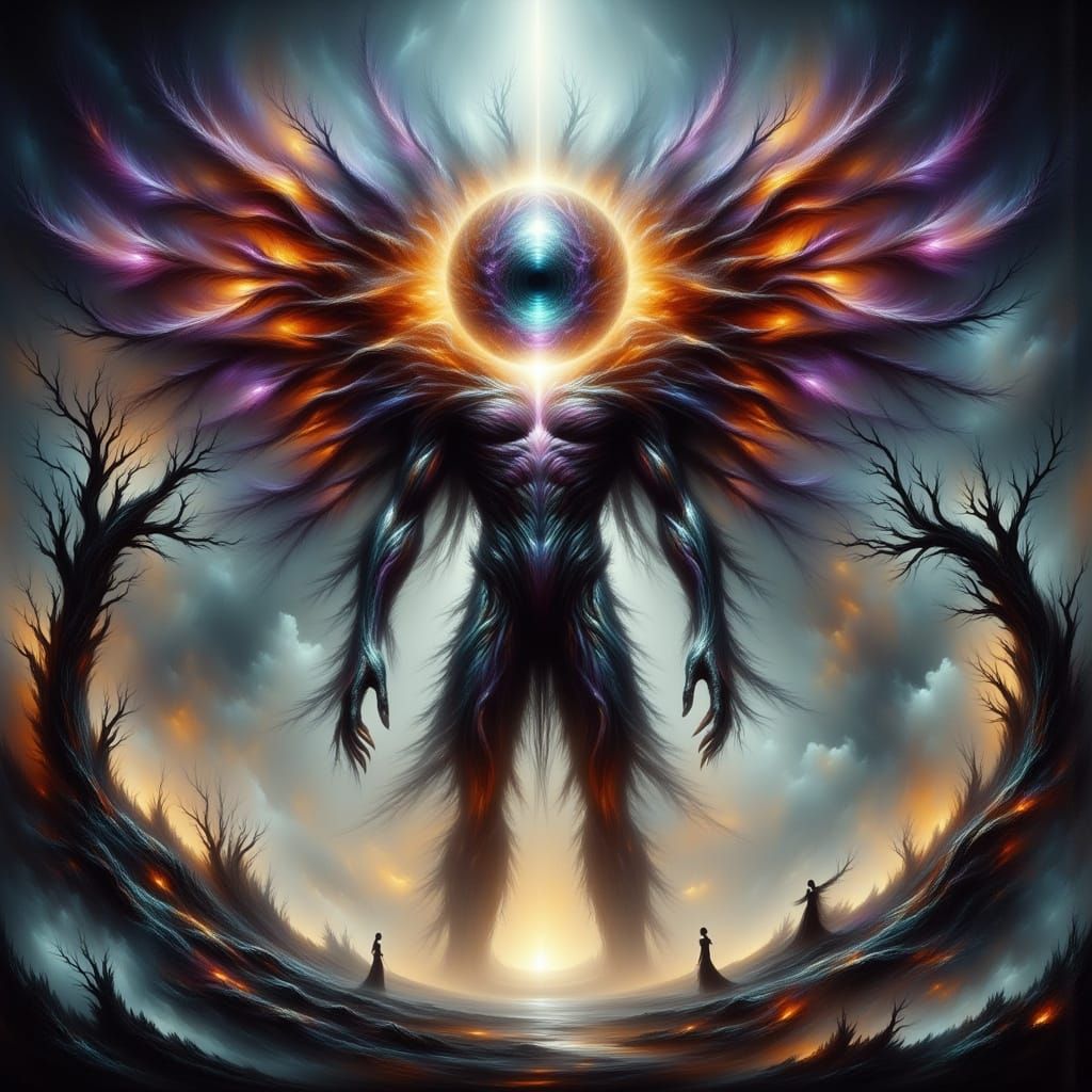 Mythical Cyclops Chicken in Vibrant, Ethereal Landscape