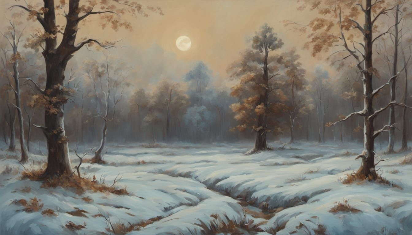 Autumn Landscape Oil Painting with Hazy Winter Sky