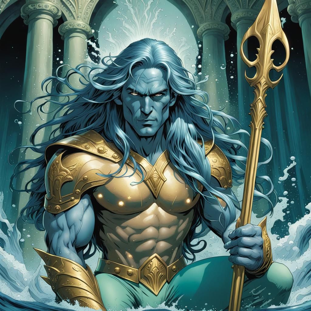 Poseidon on Throne: Comic Book Art