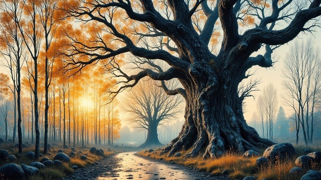 Ancient Oak Resists Spring in Epic Impressionist Style