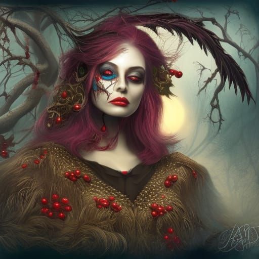 Macabre Christmas Raven Lady in Dark Fantasy Art