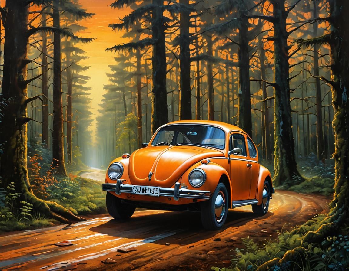 Orange Beetle Drives Through Fantasy Forest: Acrylic Paintin...