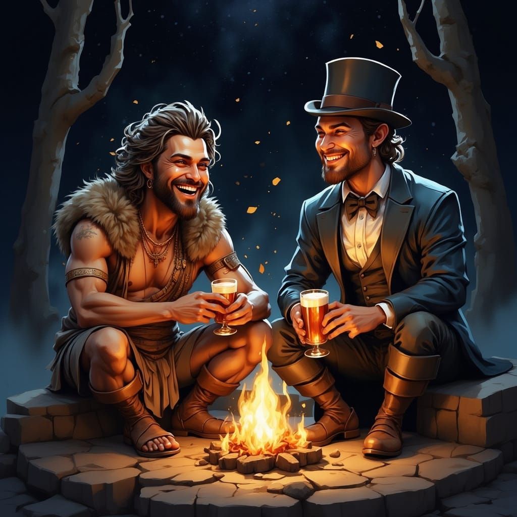 Caveman and Gentleman Share Ale by Bonfire in Starry Night