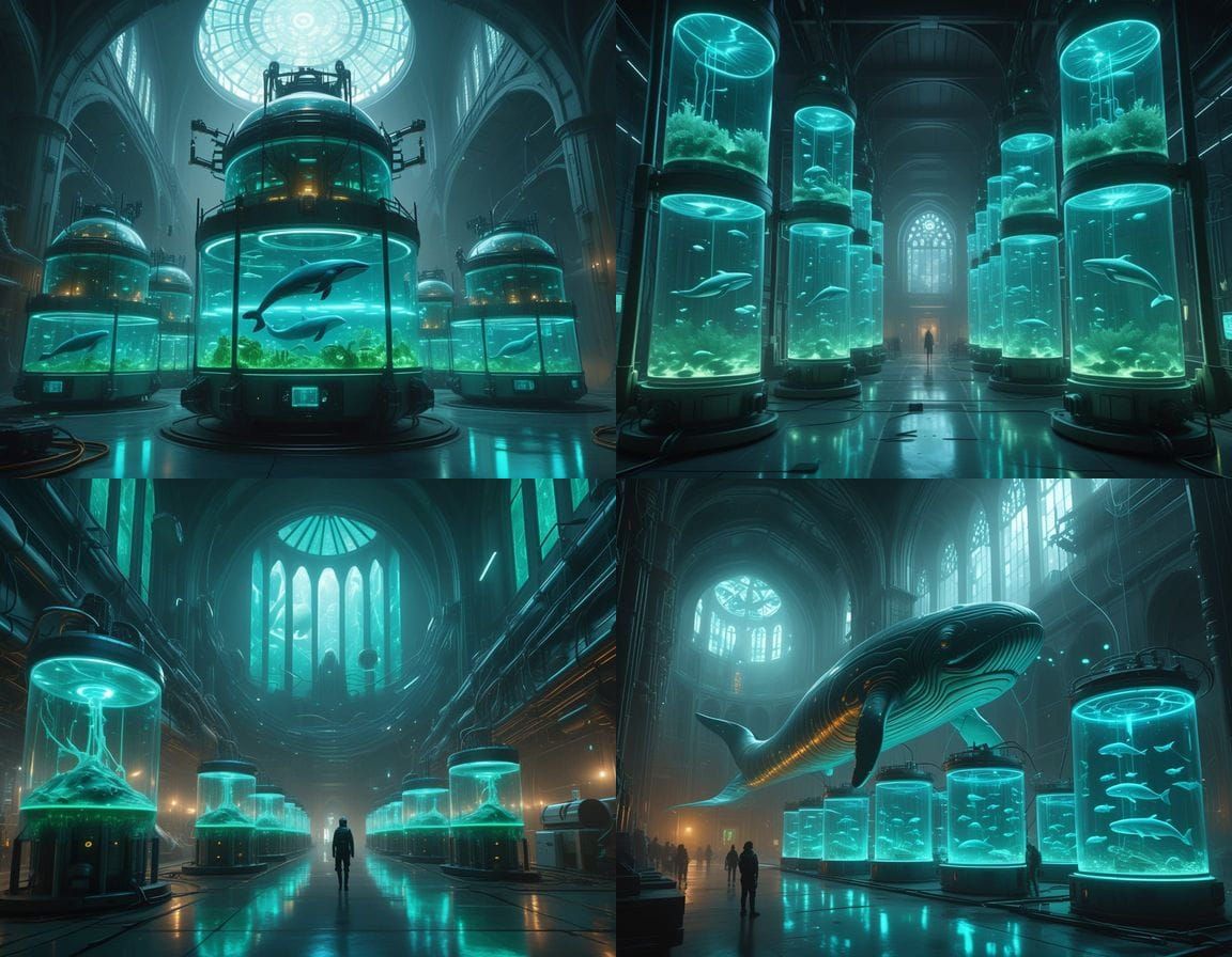 Bioluminescent Cathedral AI Lab with Shifting Creatures