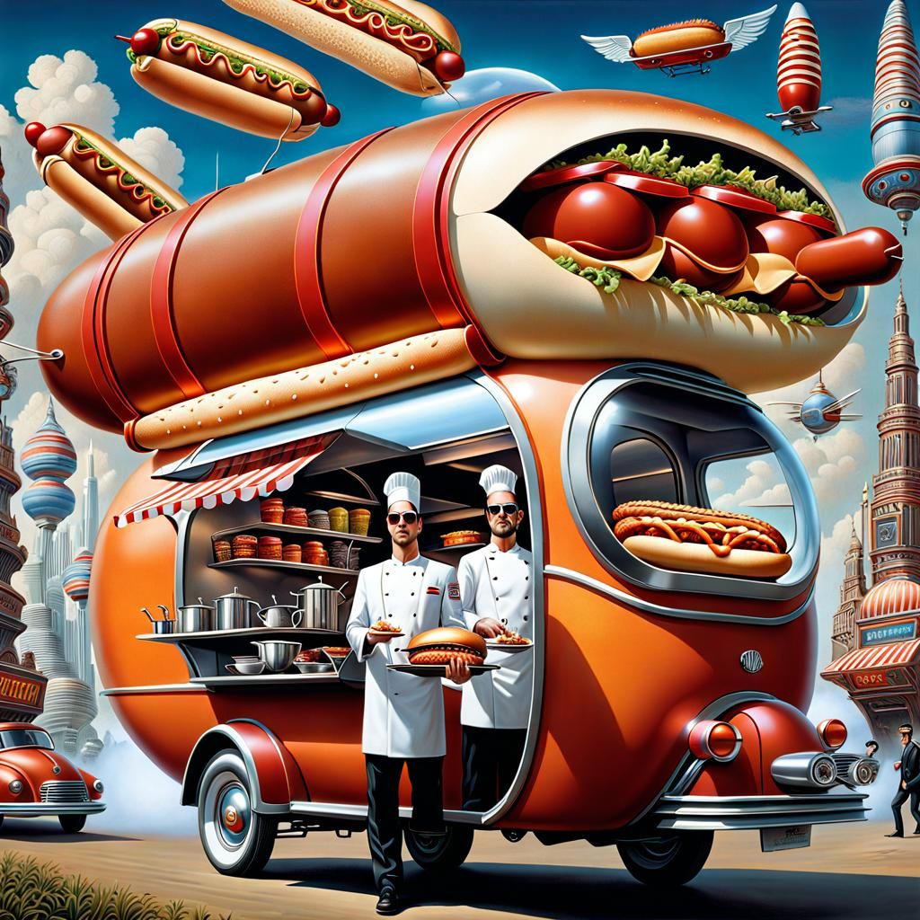 Winged Futuristic Hotdog Food Truck in Surreal Style