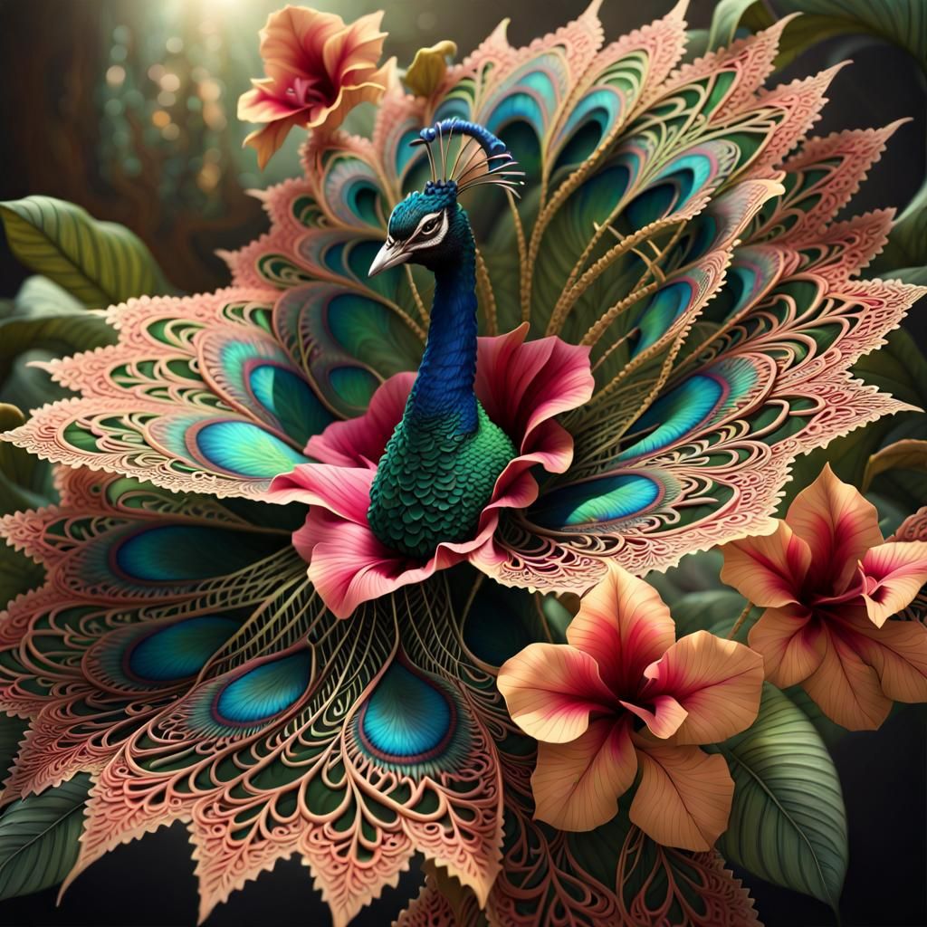 Peacock Witch in Futuristic Fractal Garden