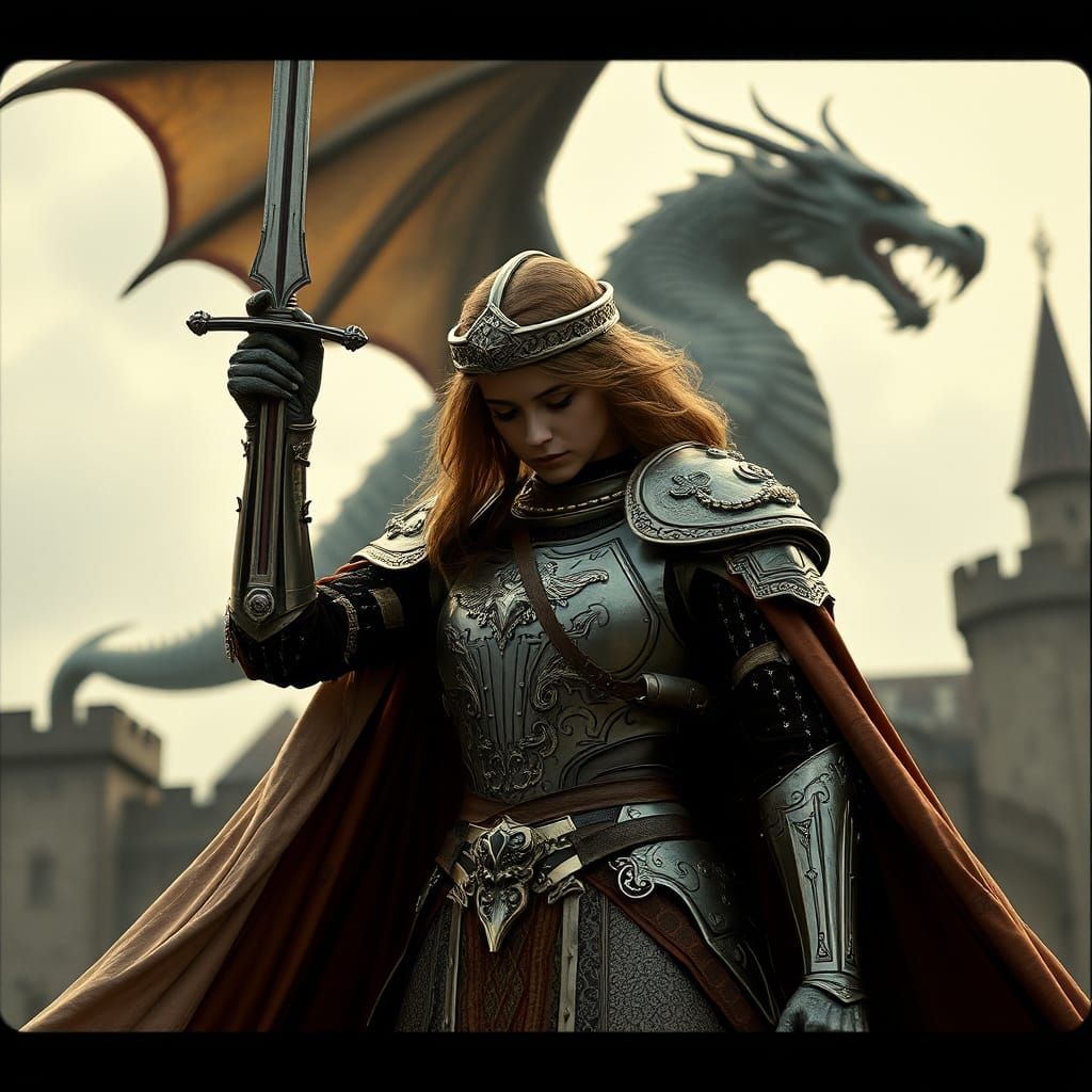 Heroic Female Knight with Dragon, Cinematic Style
