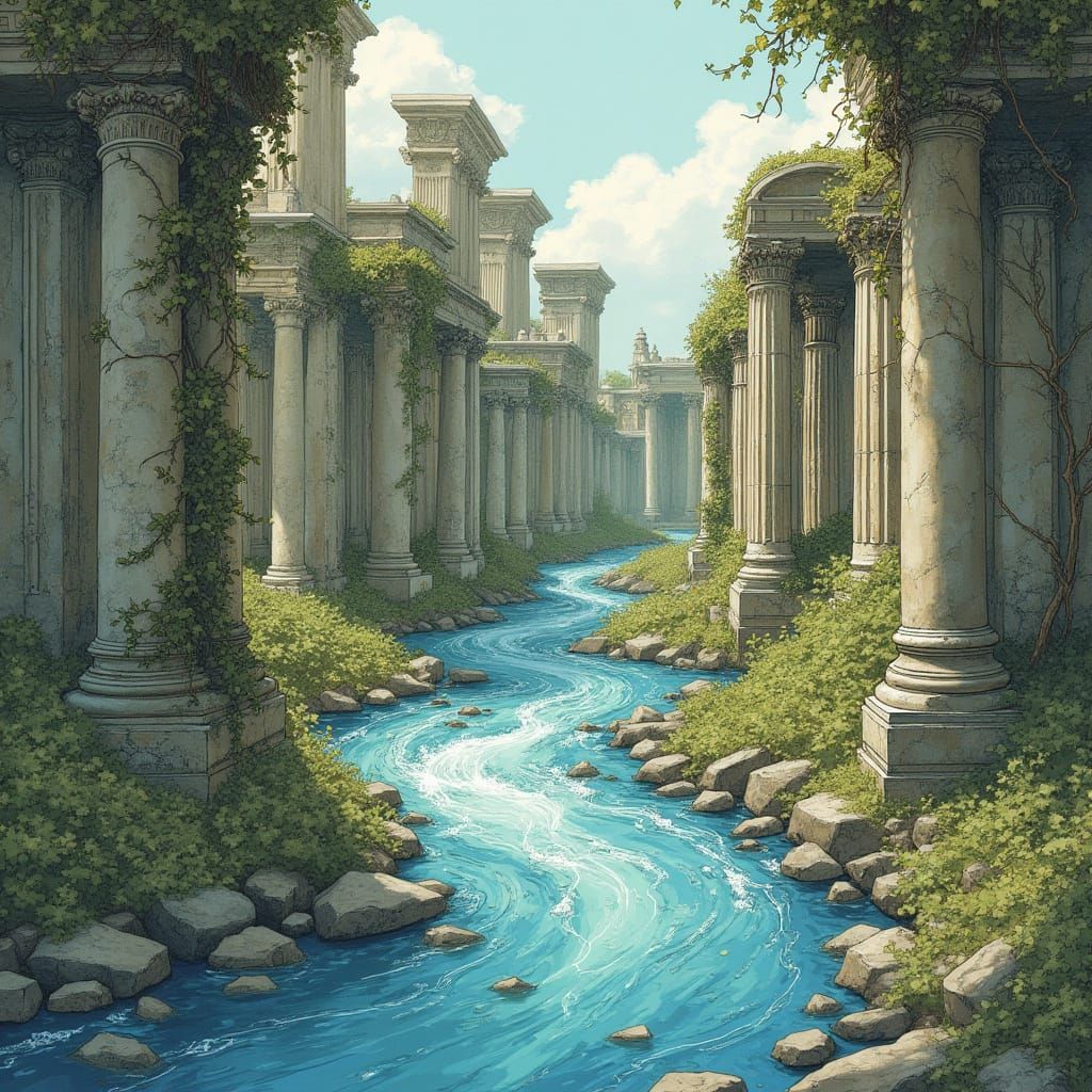 Blue River Flows Through Ancient Greek Ruins