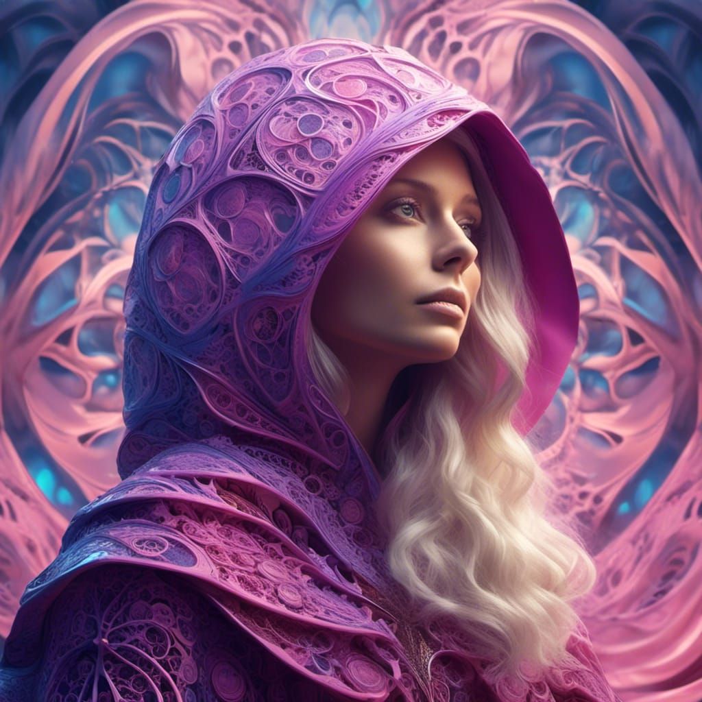 Mysterious Woman in Medieval Cloak with Abstract Elements