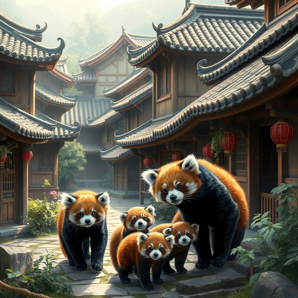 Red Pandas Explore Chinese Architecture Village in Matte Pai...