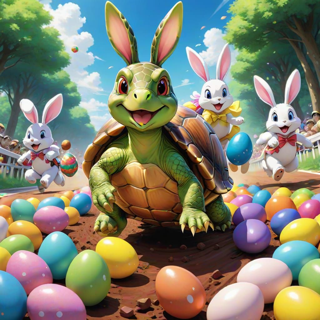 A turtle wearing bunny ears races the Easter Bunny toward th...