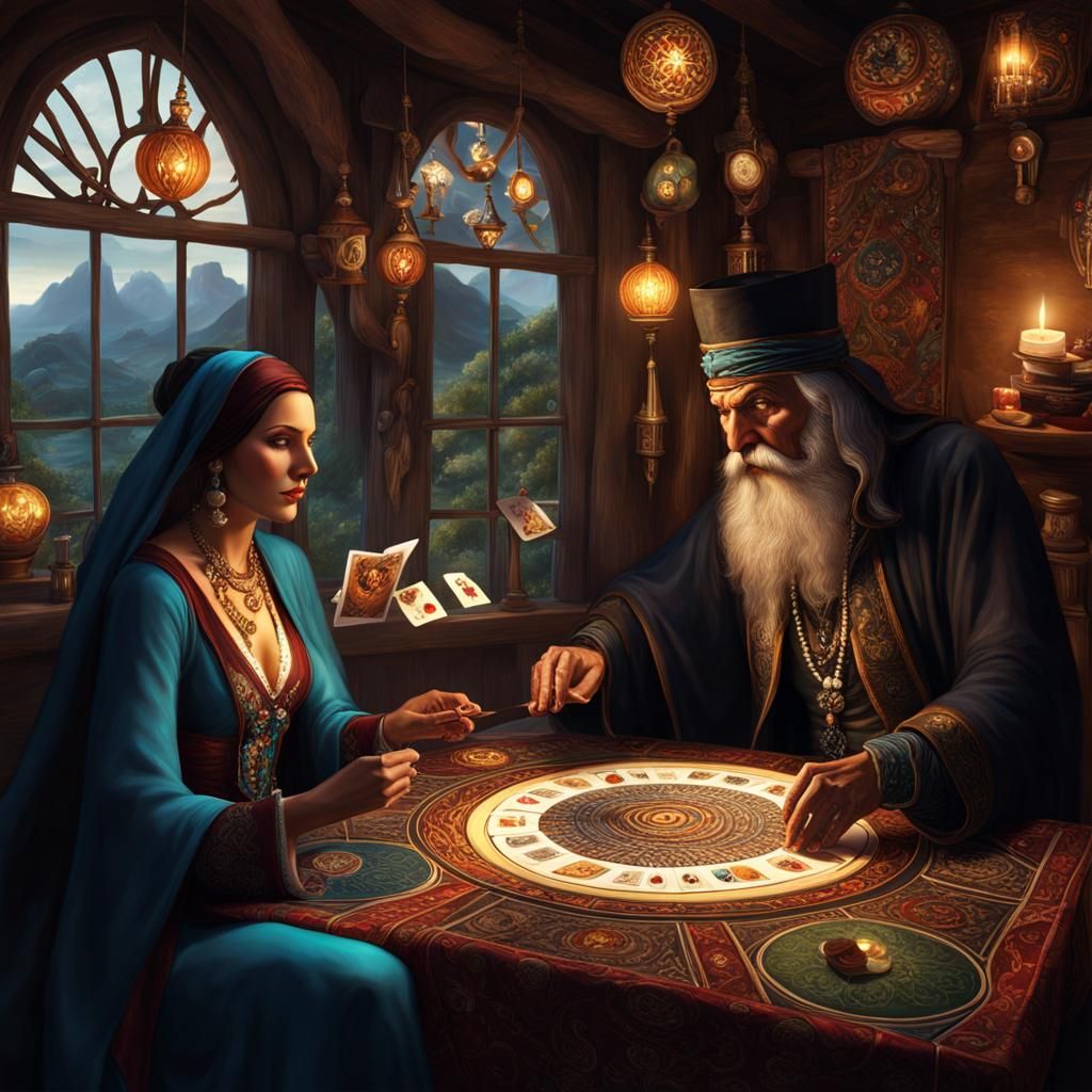 Fortune Teller Reads Tarot Cards: Detailed Concept Art